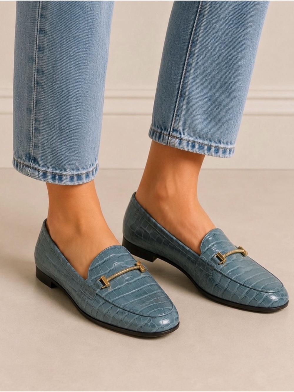 Sam Edelman Women's Croc-Embossed Loafers in Light Teal with Gold Bit - Picture 1 of 6